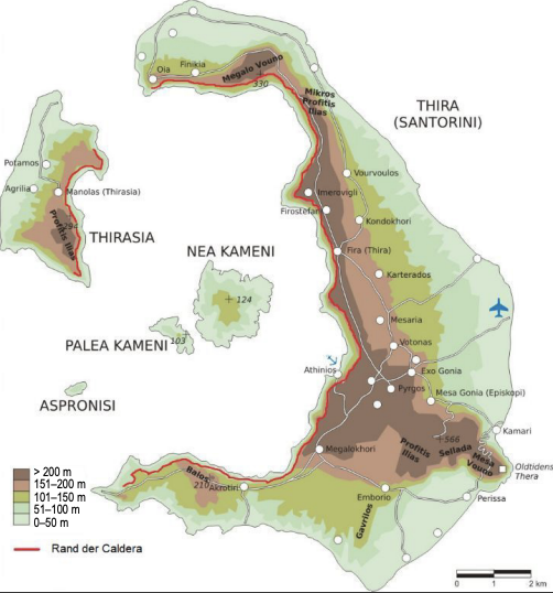 Karte der griechischen Insel Santorin mit Vulkaninseln, Orten, Höhenstufen und Caldera-Rand.